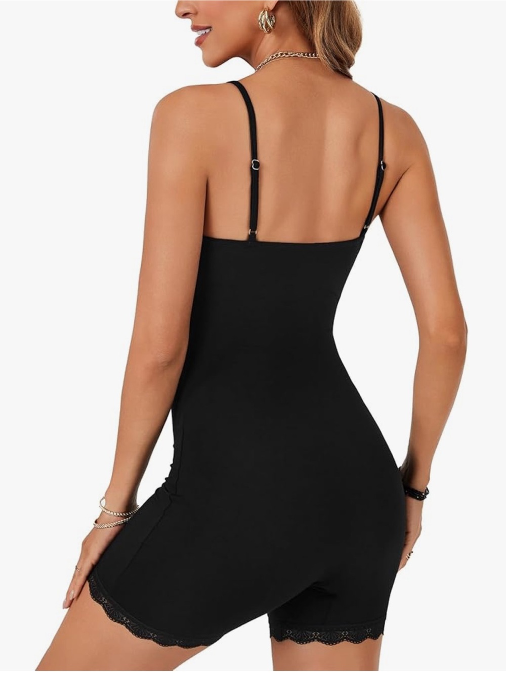Women’s Jumpsuit Spaghetti Straps Lace V Neck Sleeveless Short Romper Black L - Picture 4 of 16